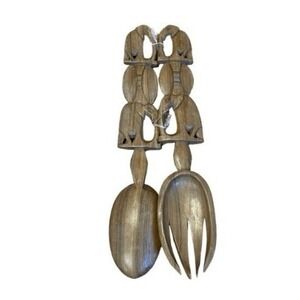 Vintage MCM Hand Carved Wood Serving Set Spoon Fork Brown Elephant‎